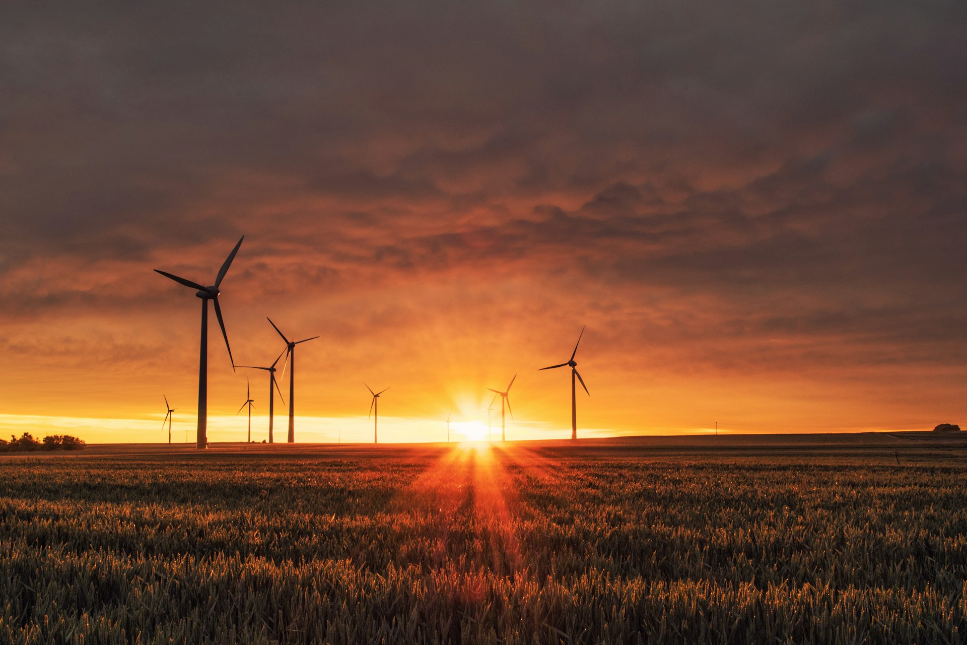 Wind turbines silhouetted at sunset